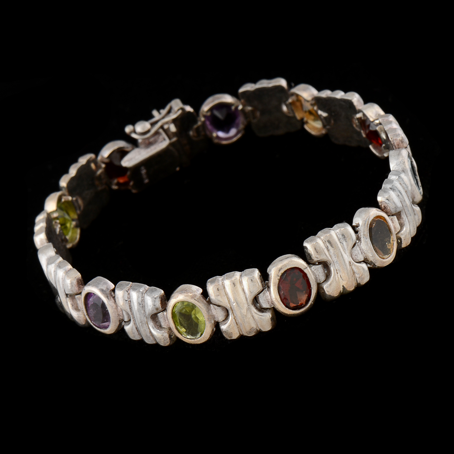 Sterling Silver Multi-Colored Stone Link Bracelet