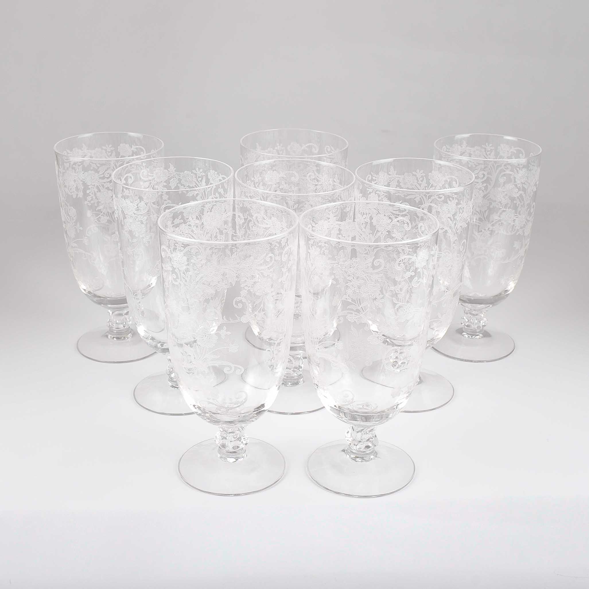 Set of Eight Vintage Etched Crystal Water Glasses