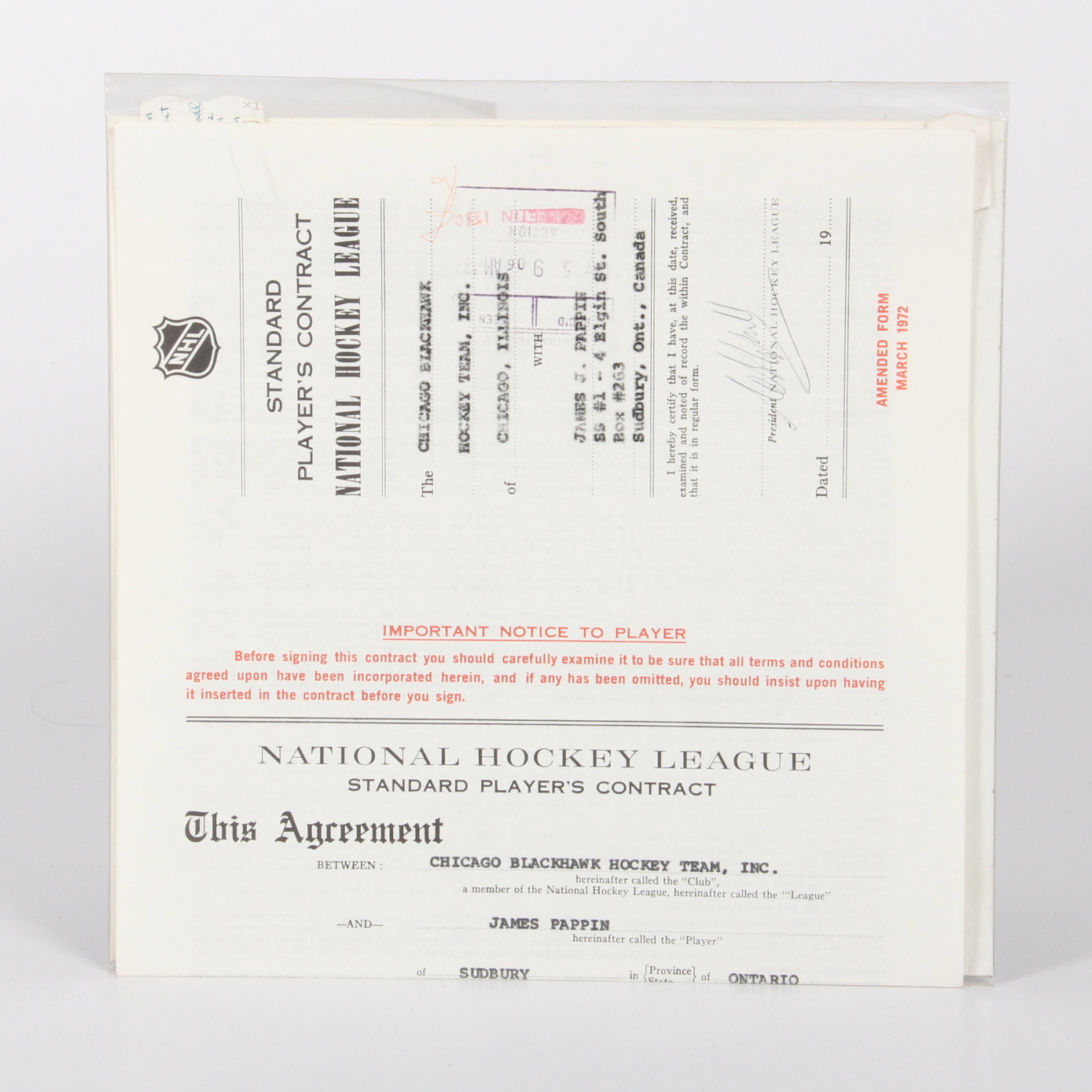 Original 1972 James Pappin NHL Player Contract