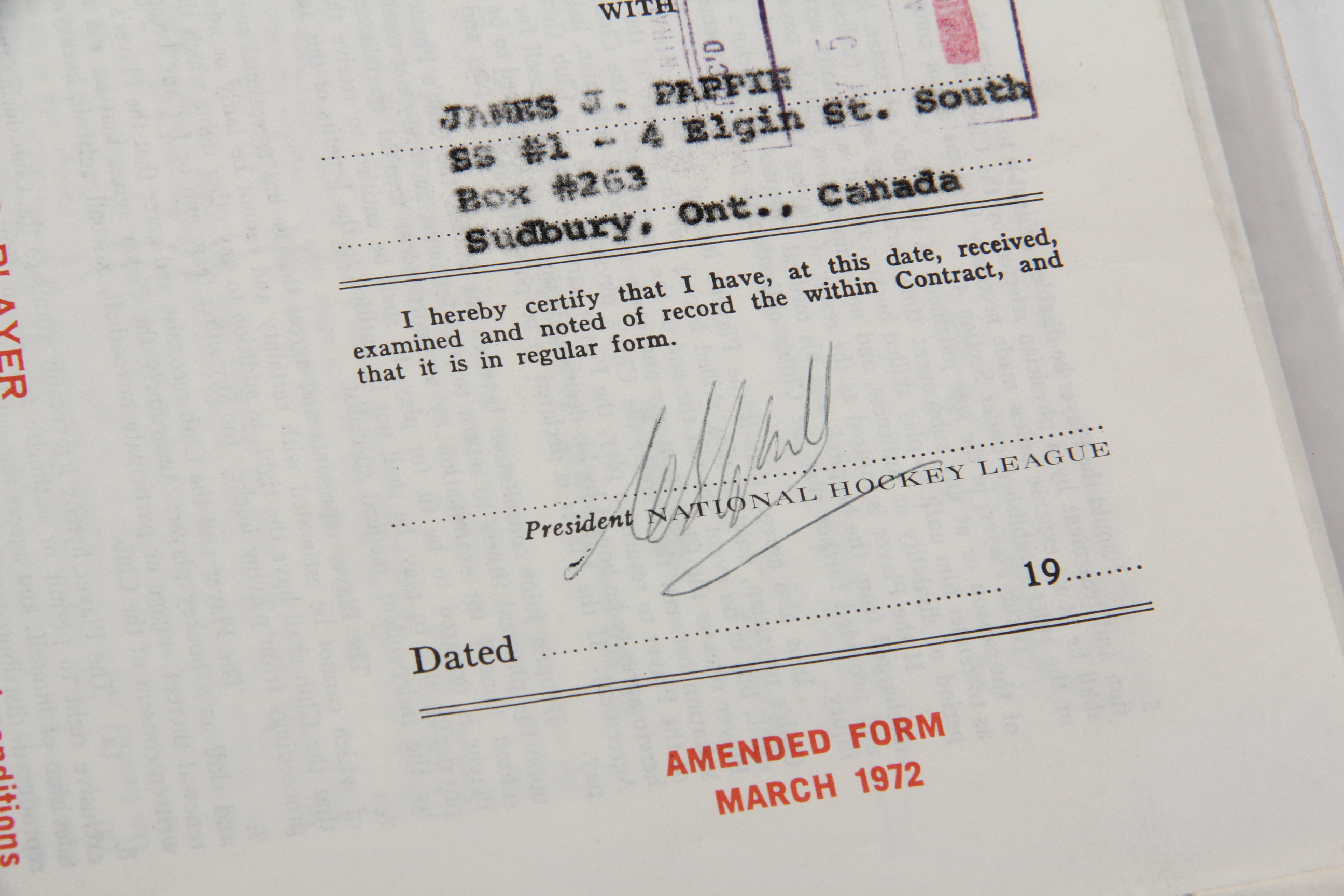 Original 1972 James Pappin NHL Player Contract