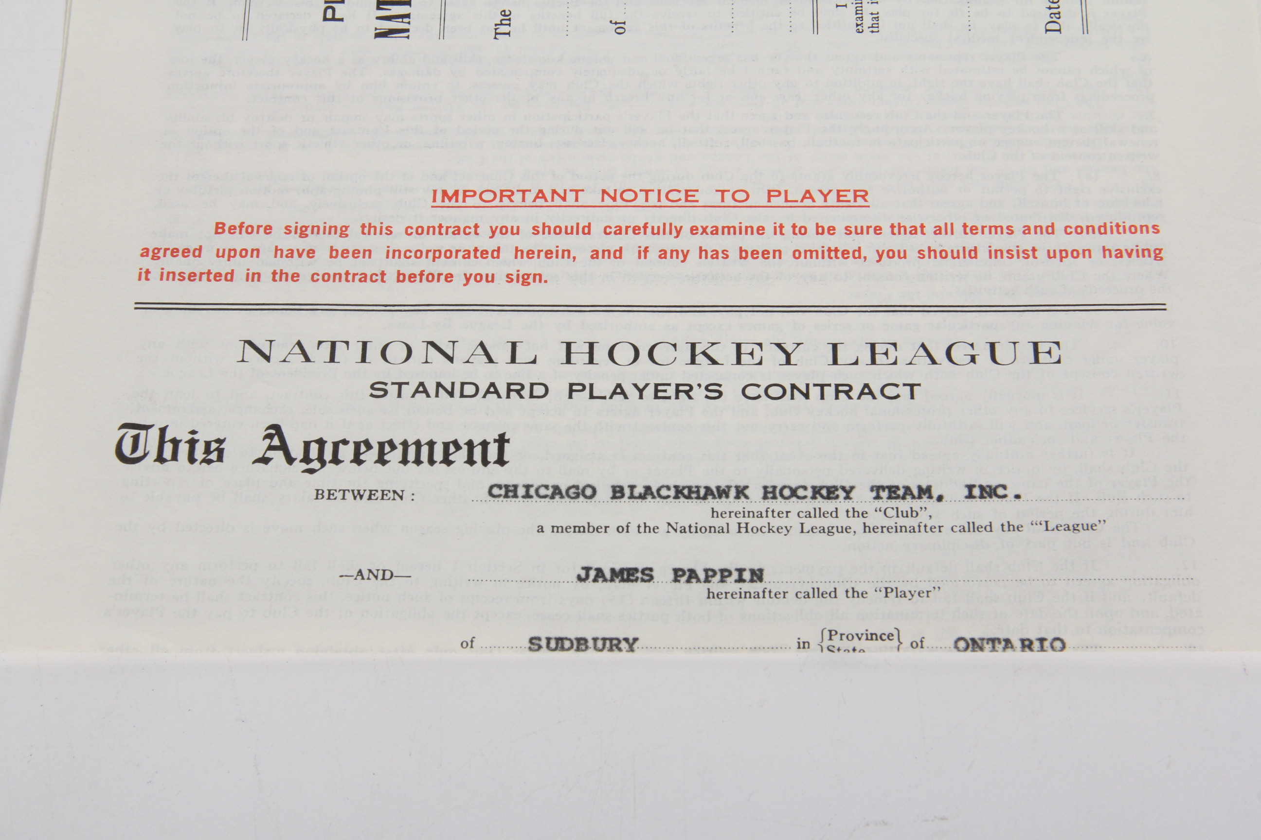 Original 1972 James Pappin NHL Player Contract