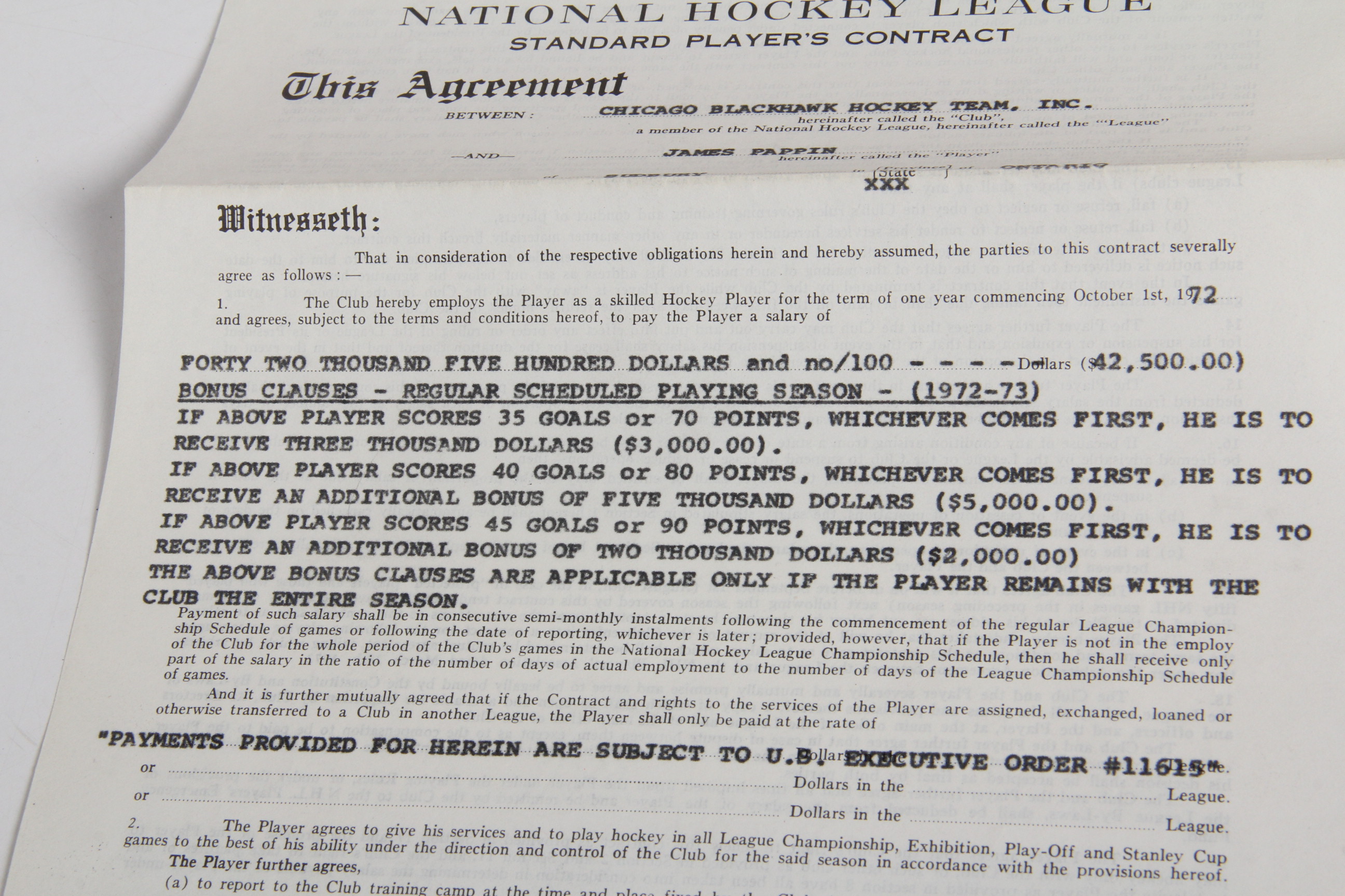 Original 1972 James Pappin NHL Player Contract