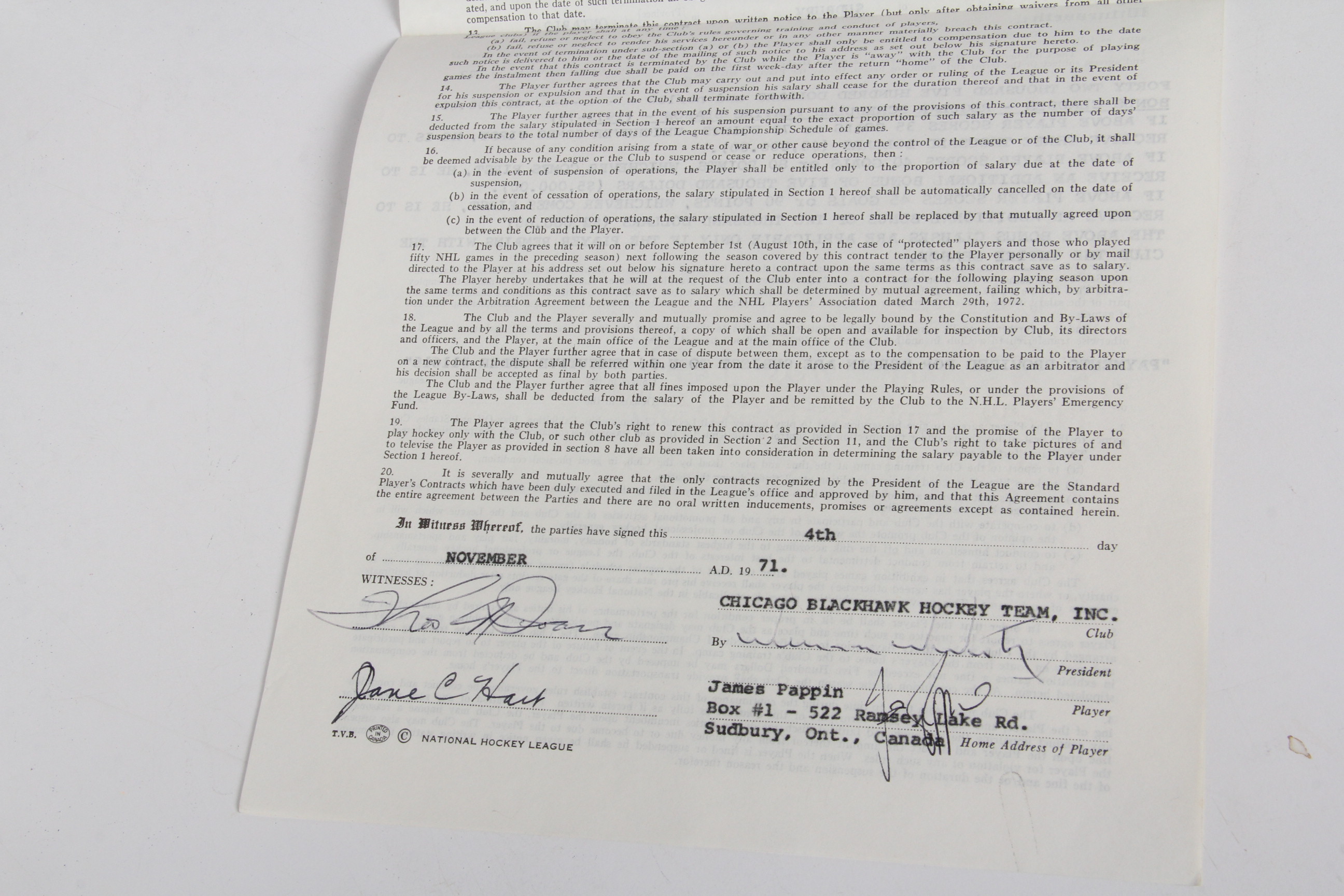 Original 1972 James Pappin NHL Player Contract
