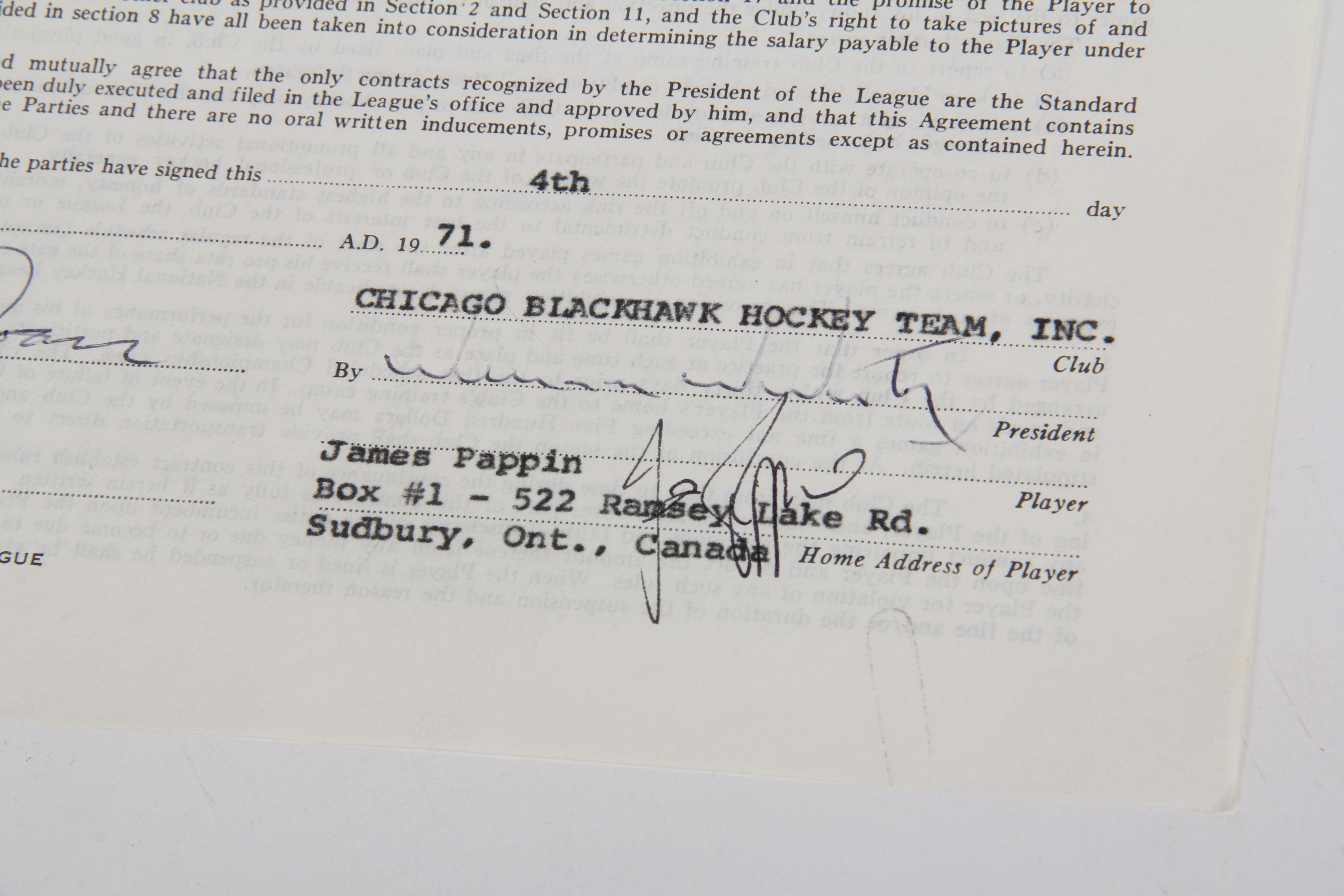 Original 1972 James Pappin NHL Player Contract
