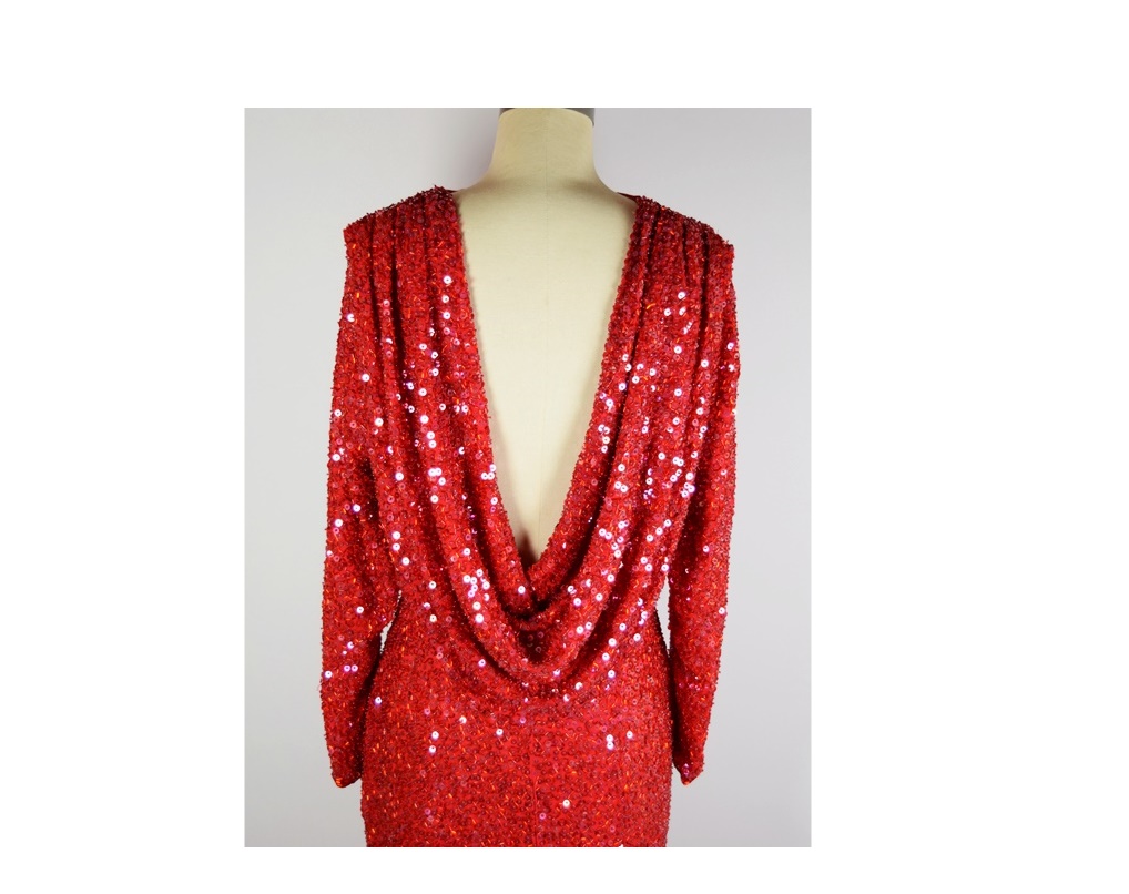 Vintage Lillie Rubin Red Silk Sequin Gown with Draped Back