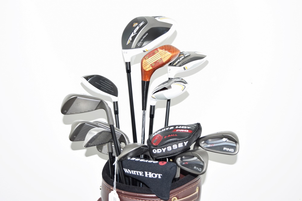Golf Bag with Assortment of Left Handed Clubs by Ping, MacGregor and Taylor Made