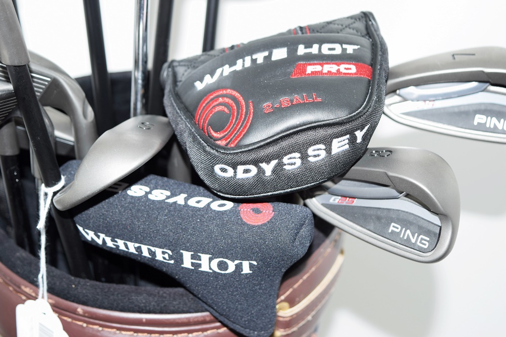 Golf Bag with Assortment of Left Handed Clubs by Ping, MacGregor and Taylor Made