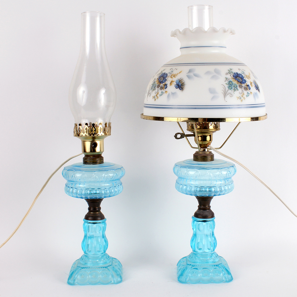 Blue Pressed Glass Hurricane Lamps
