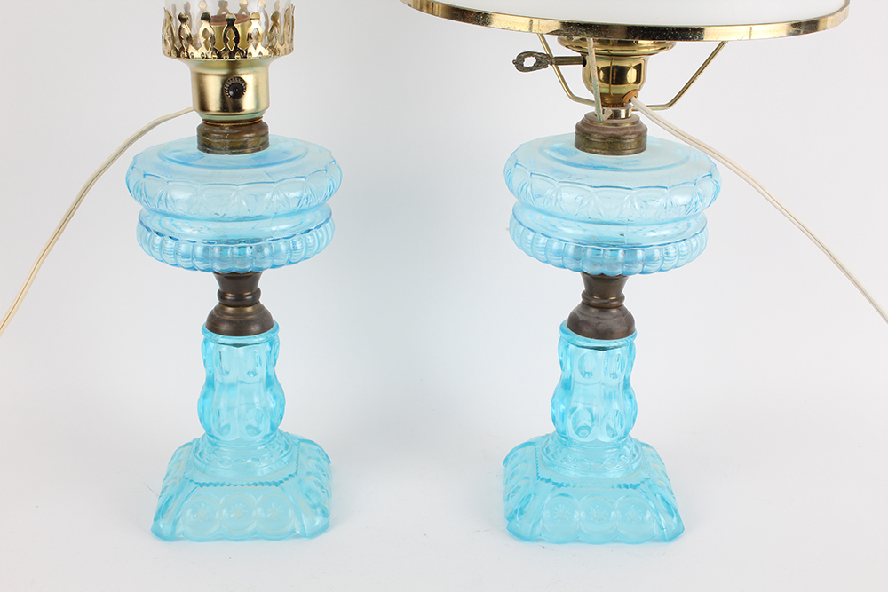 Blue Pressed Glass Hurricane Lamps
