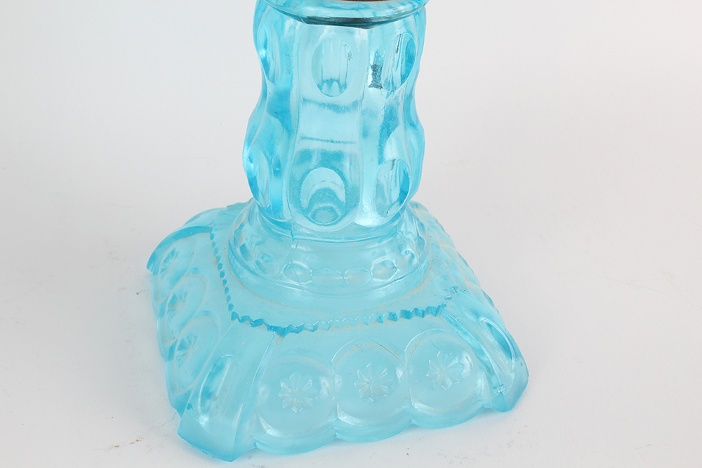 Blue Pressed Glass Hurricane Lamps