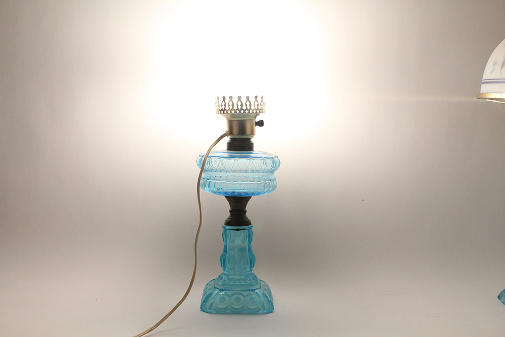 Blue Pressed Glass Hurricane Lamps