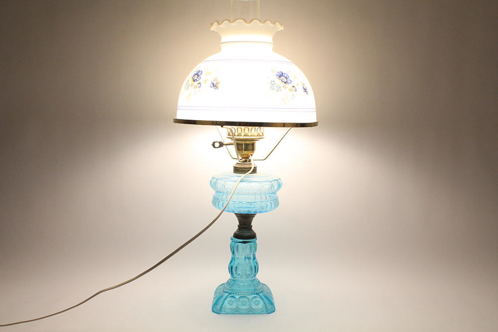 Blue Pressed Glass Hurricane Lamps