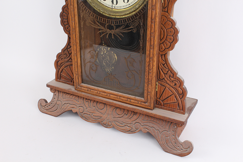 Early 20th Century Oak Mantel Clock With Incised Facade