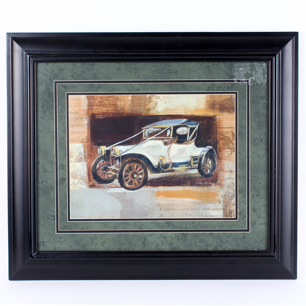 Pair of Framed Silvia Vassileva Vintage Car Offset Lithographs