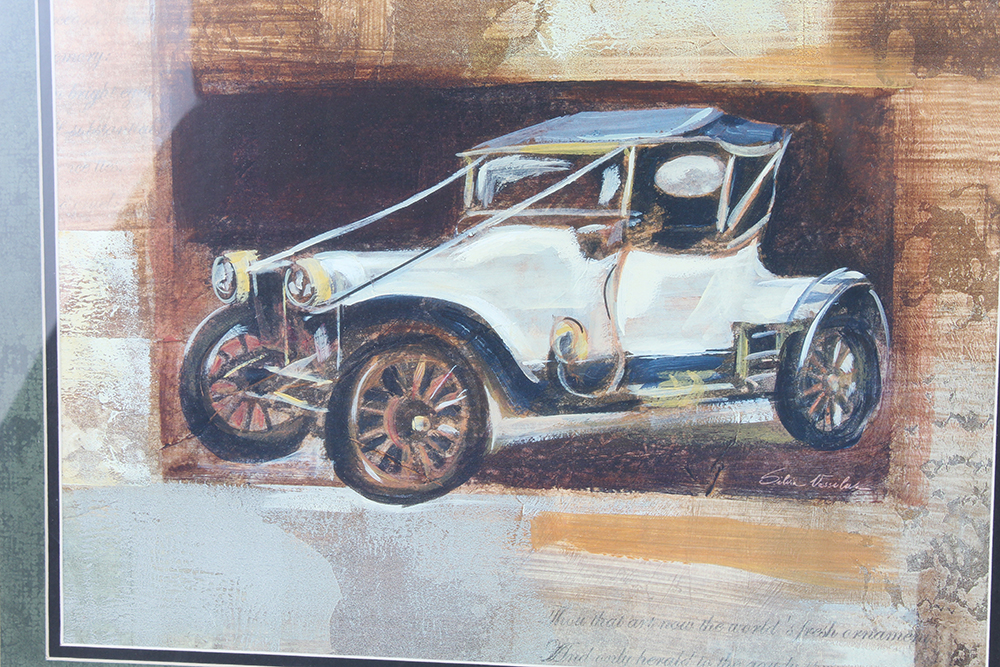 Pair of Framed Silvia Vassileva Vintage Car Offset Lithographs