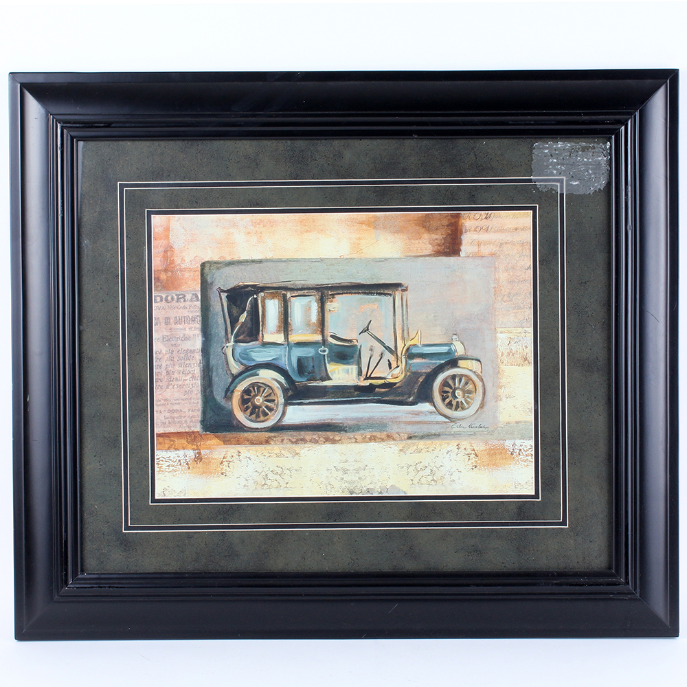 Pair of Framed Silvia Vassileva Vintage Car Offset Lithographs