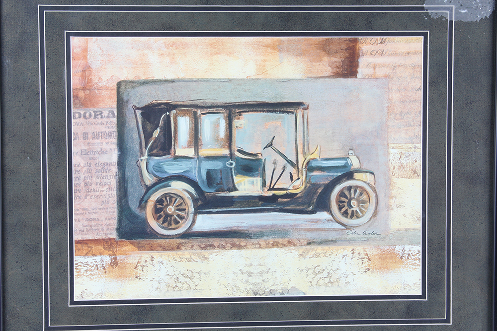 Pair of Framed Silvia Vassileva Vintage Car Offset Lithographs