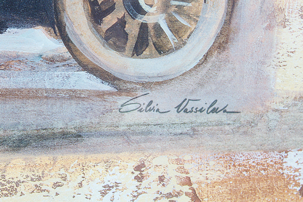 Pair of Framed Silvia Vassileva Vintage Car Offset Lithographs