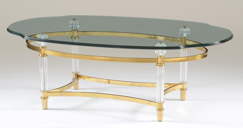 Contemporary Oval Glass Coffee Table on Brass Tone Metal Base