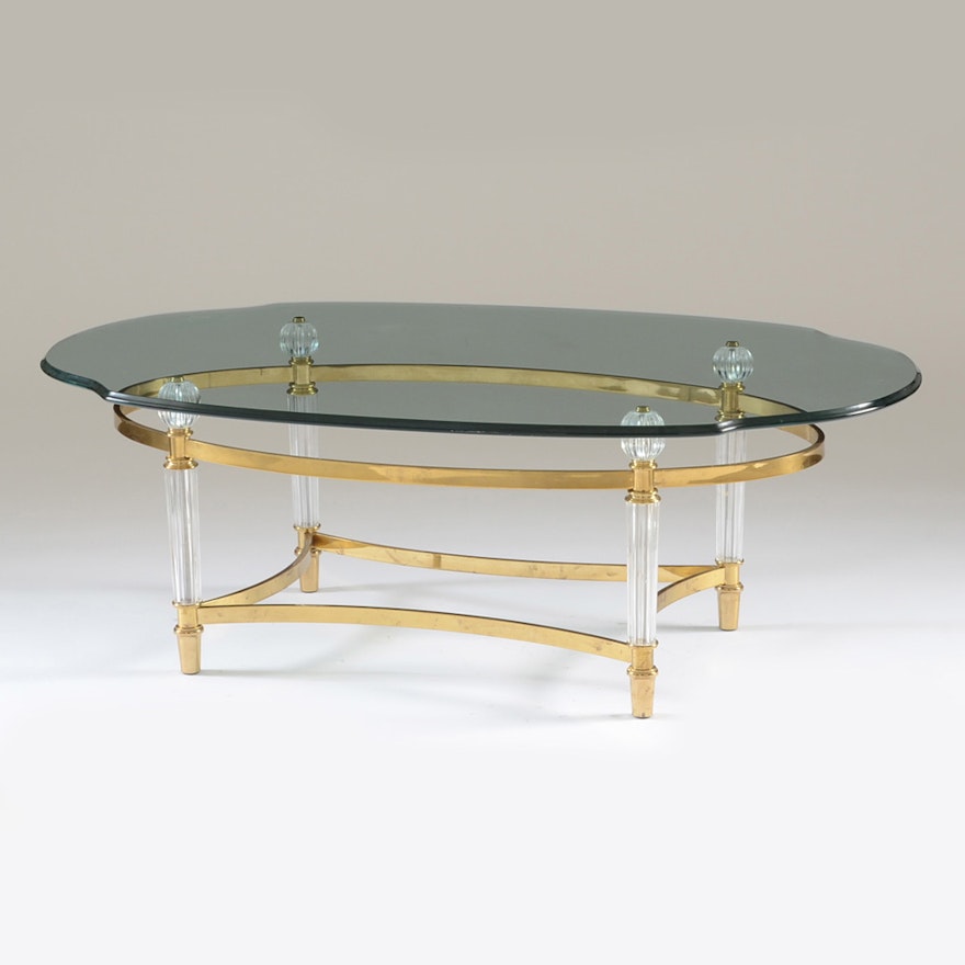 Contemporary Oval Glass Coffee Table on Brass Tone Metal Base