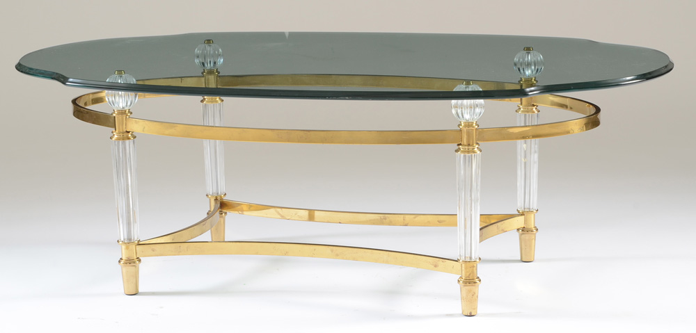 Contemporary Oval Glass Coffee Table on Brass Tone Metal Base