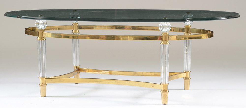 Contemporary Oval Glass Coffee Table on Brass Tone Metal Base