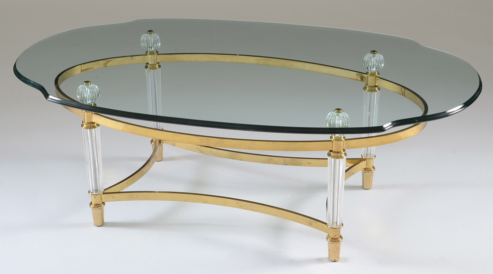 Contemporary Oval Glass Coffee Table on Brass Tone Metal Base