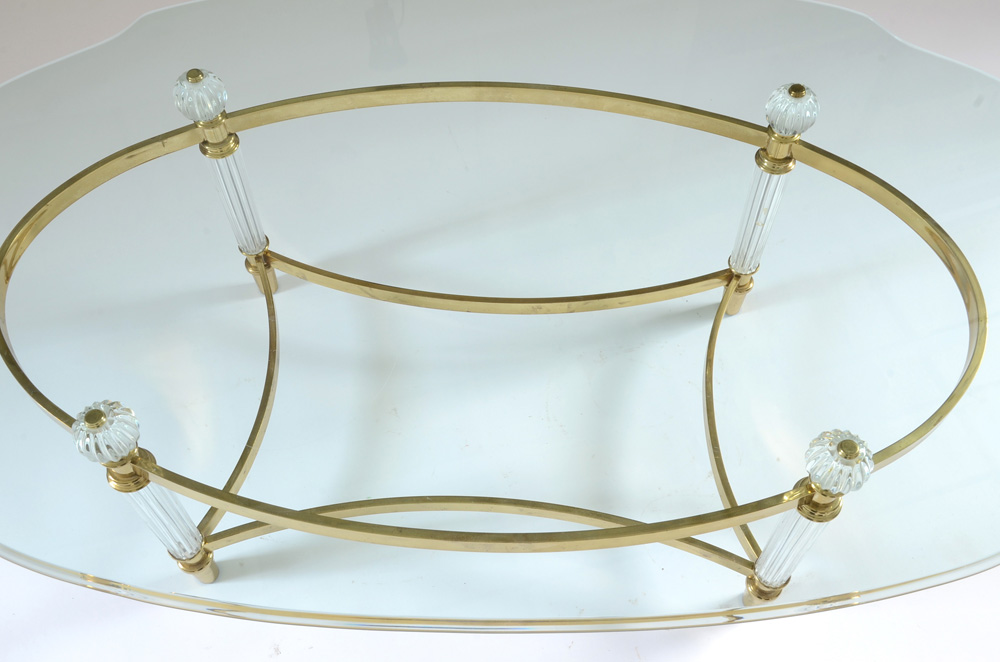 Contemporary Oval Glass Coffee Table on Brass Tone Metal Base