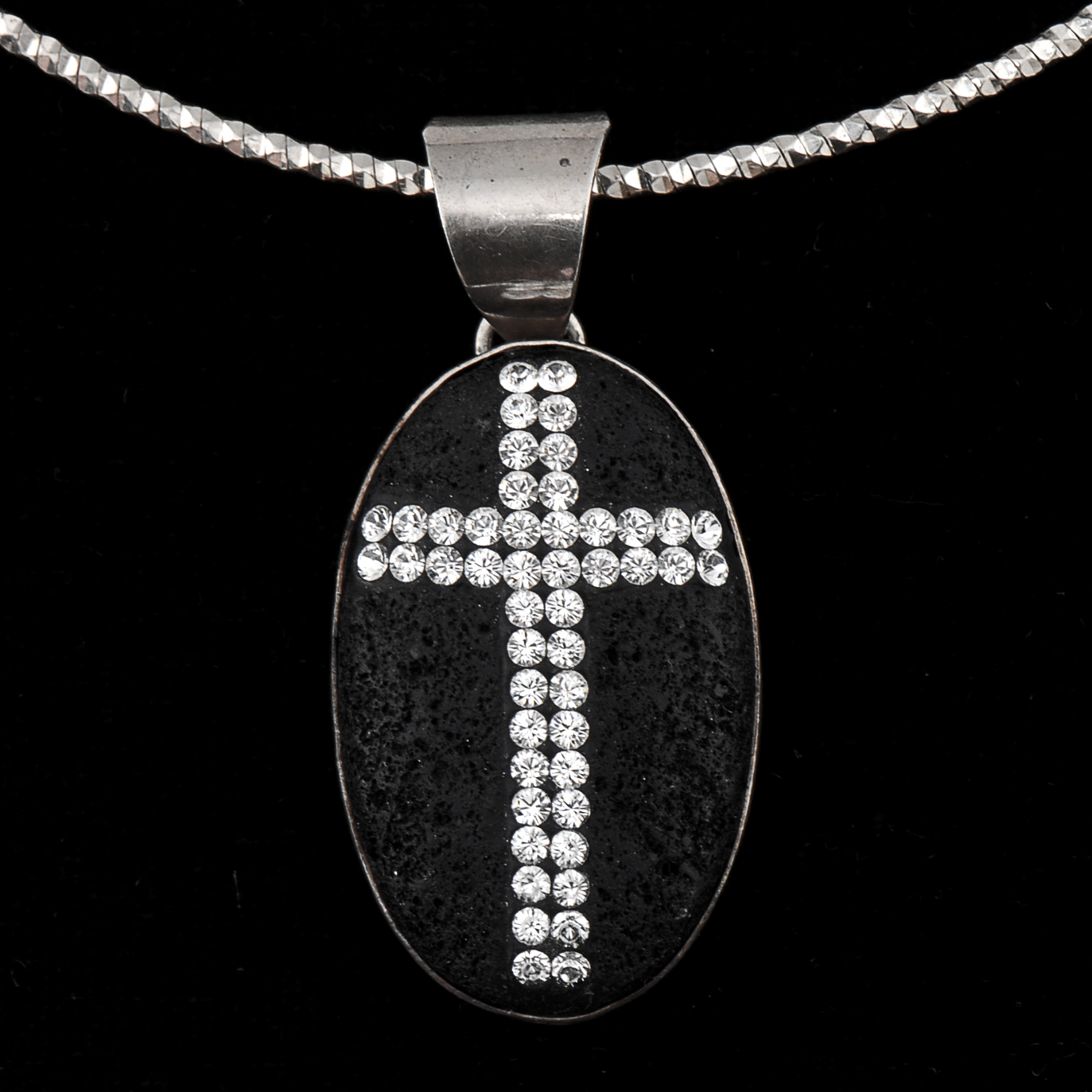 Sterling Silver Necklace with E. Willie Signed Lava Rock and Crystal Rhinestone Cross Pendant