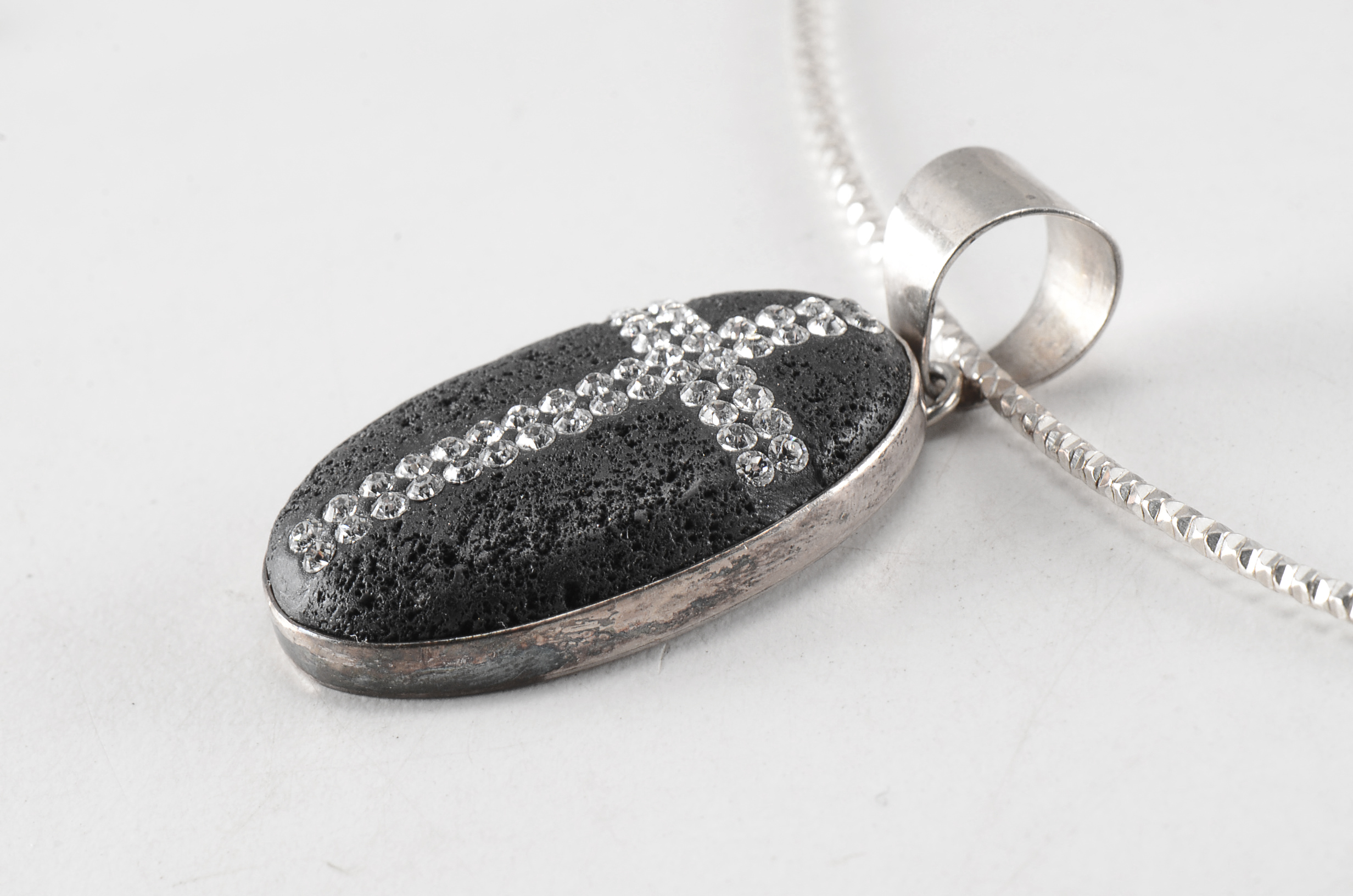 Sterling Silver Necklace with E. Willie Signed Lava Rock and Crystal Rhinestone Cross Pendant