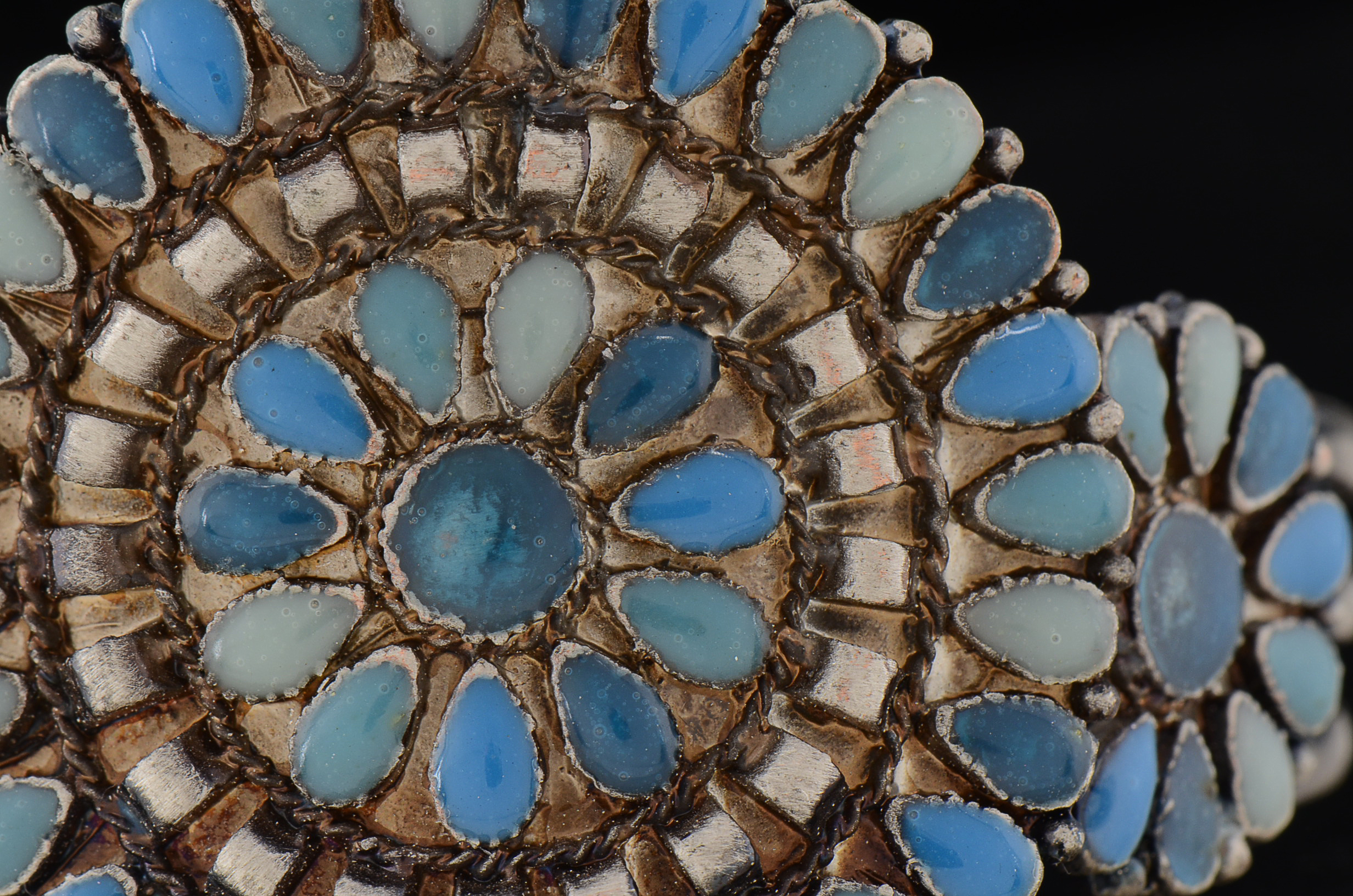 Southwestern Mixed Metal Cuff Openwork Bracelet with Simulated Blue Stone Cabochons