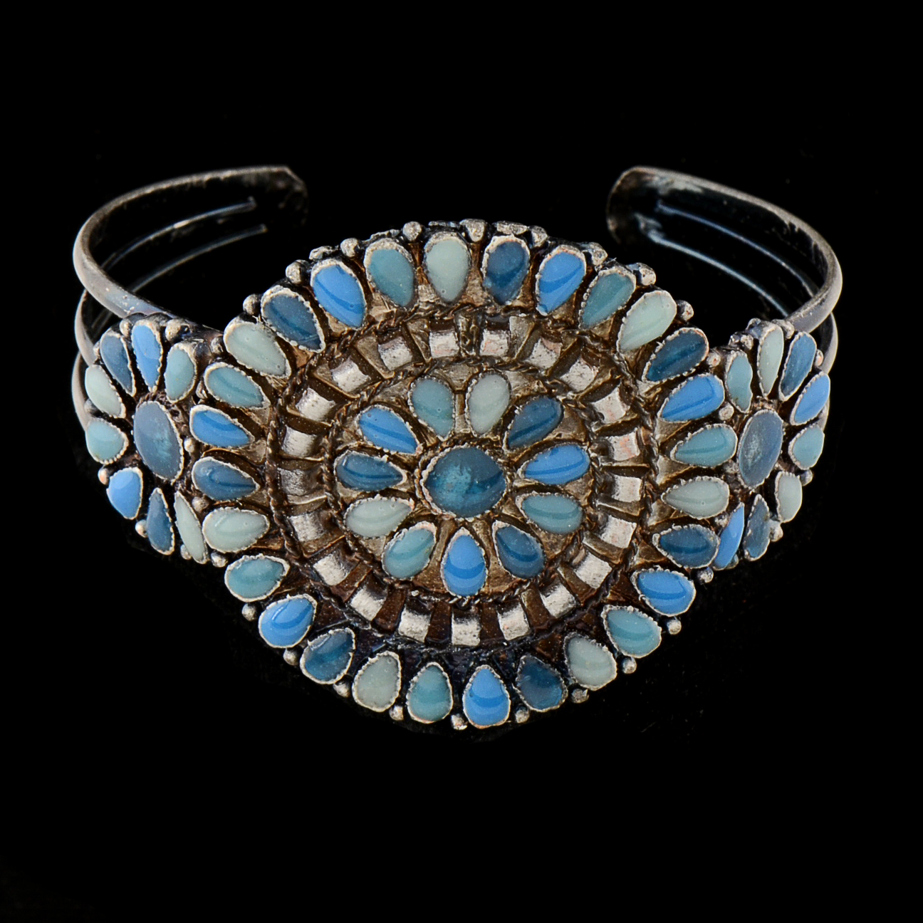 Southwestern Mixed Metal Cuff Openwork Bracelet with Simulated Blue Stone Cabochons
