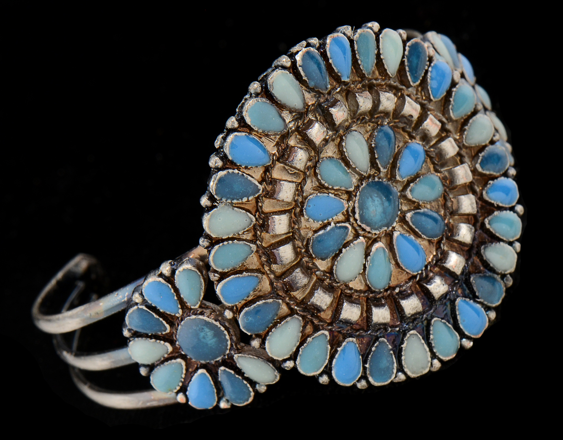 Southwestern Mixed Metal Cuff Openwork Bracelet with Simulated Blue Stone Cabochons