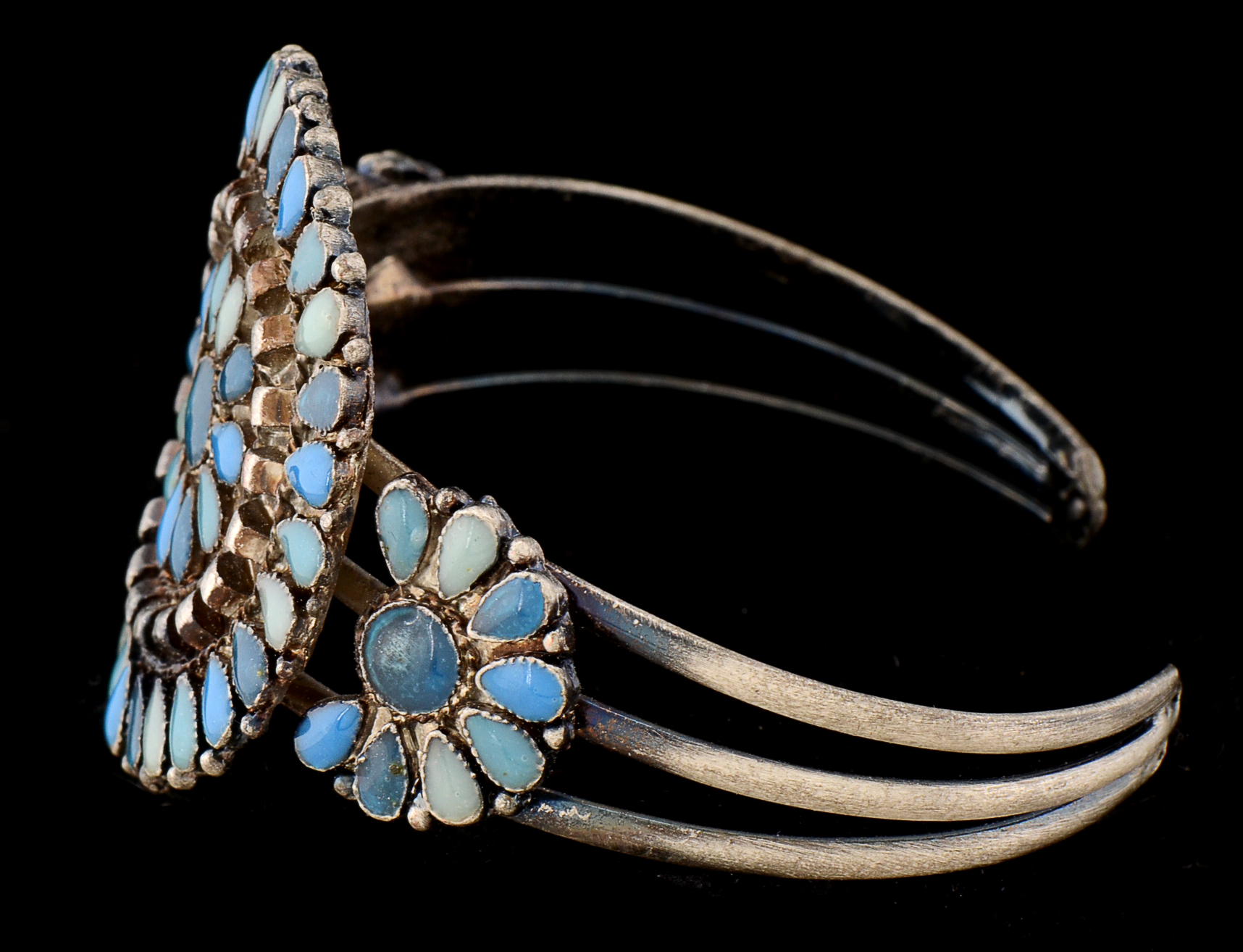 Southwestern Mixed Metal Cuff Openwork Bracelet with Simulated Blue Stone Cabochons