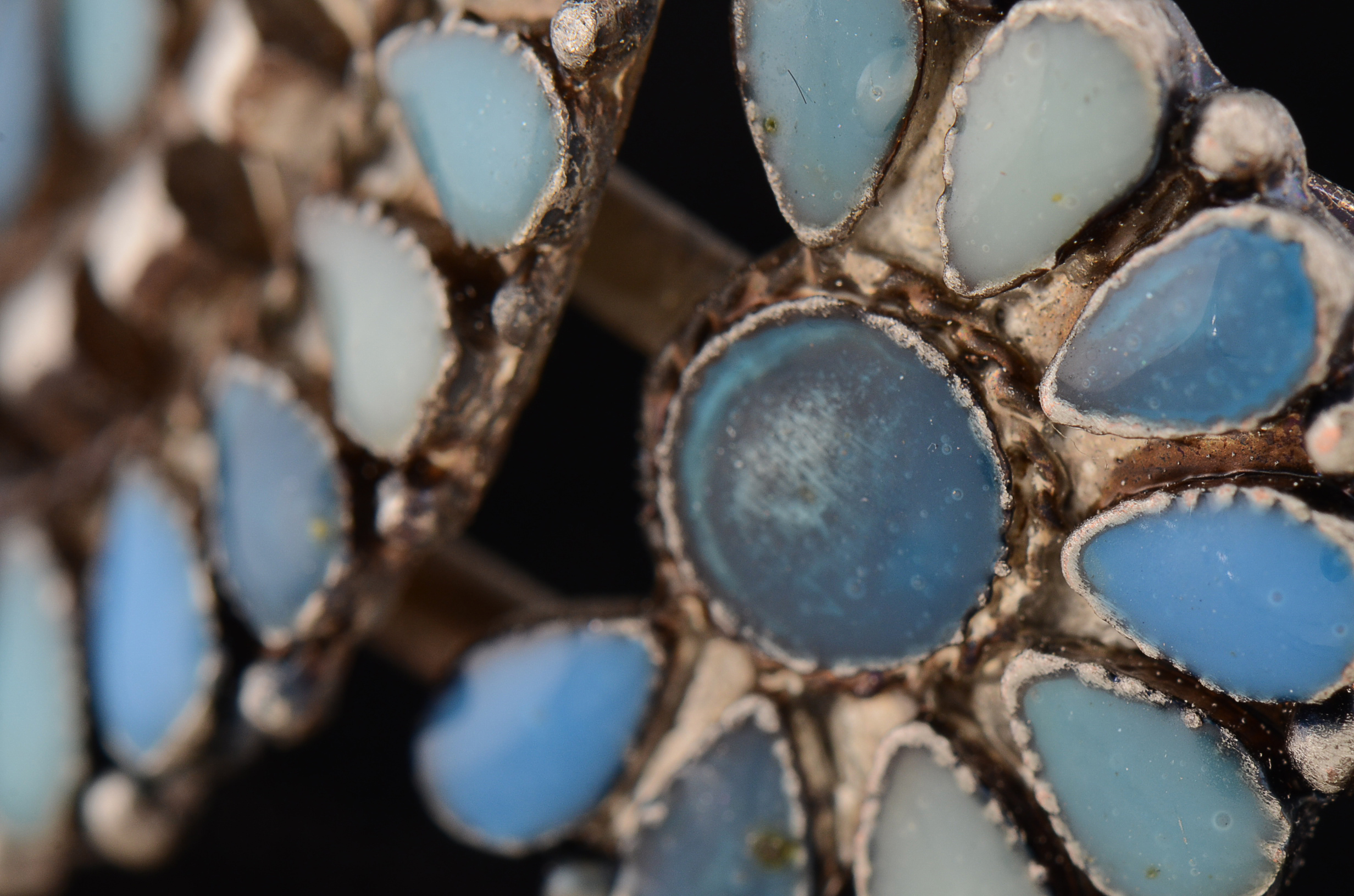 Southwestern Mixed Metal Cuff Openwork Bracelet with Simulated Blue Stone Cabochons