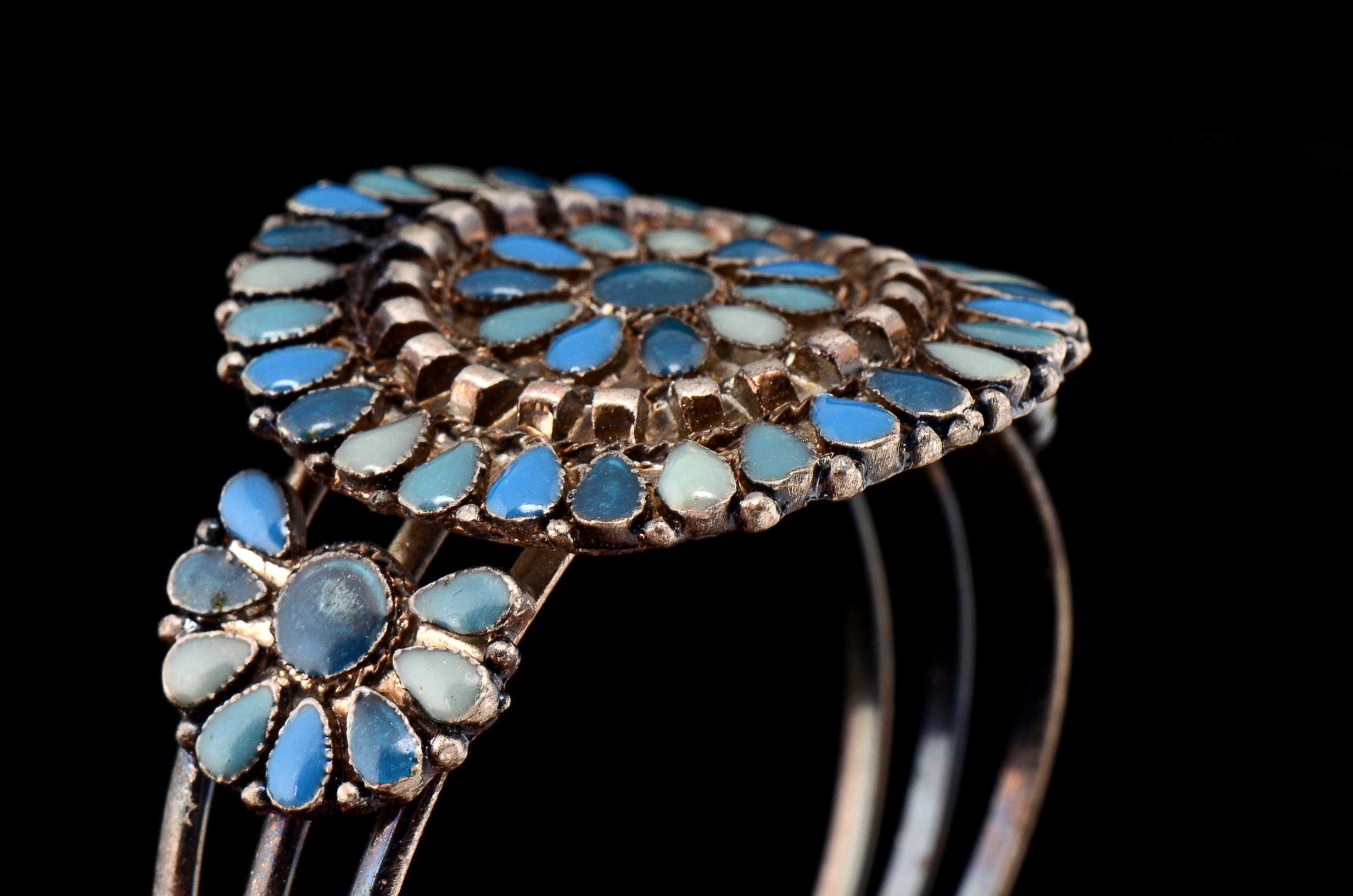 Southwestern Mixed Metal Cuff Openwork Bracelet with Simulated Blue Stone Cabochons