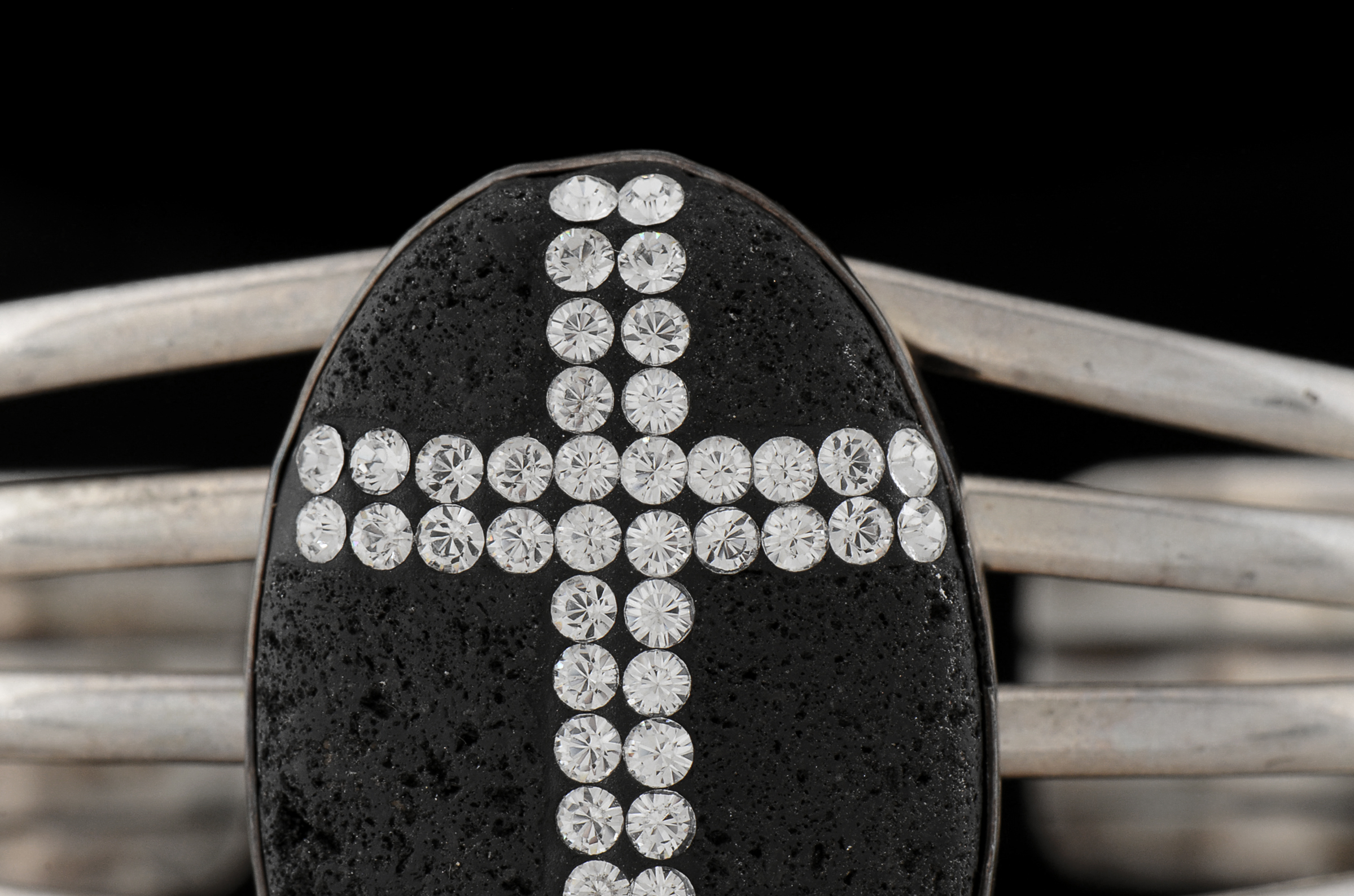 Sterling Silver Openwork Slit Cuff with Oval Bezel Set Lava Stone Encrusted with Crystal Rhinestones