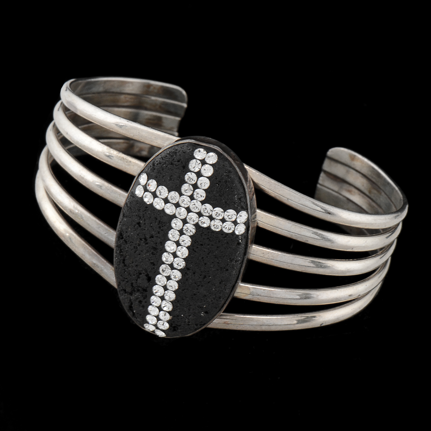 Sterling Silver Openwork Slit Cuff with Oval Bezel Set Lava Stone Encrusted with Crystal Rhinestones