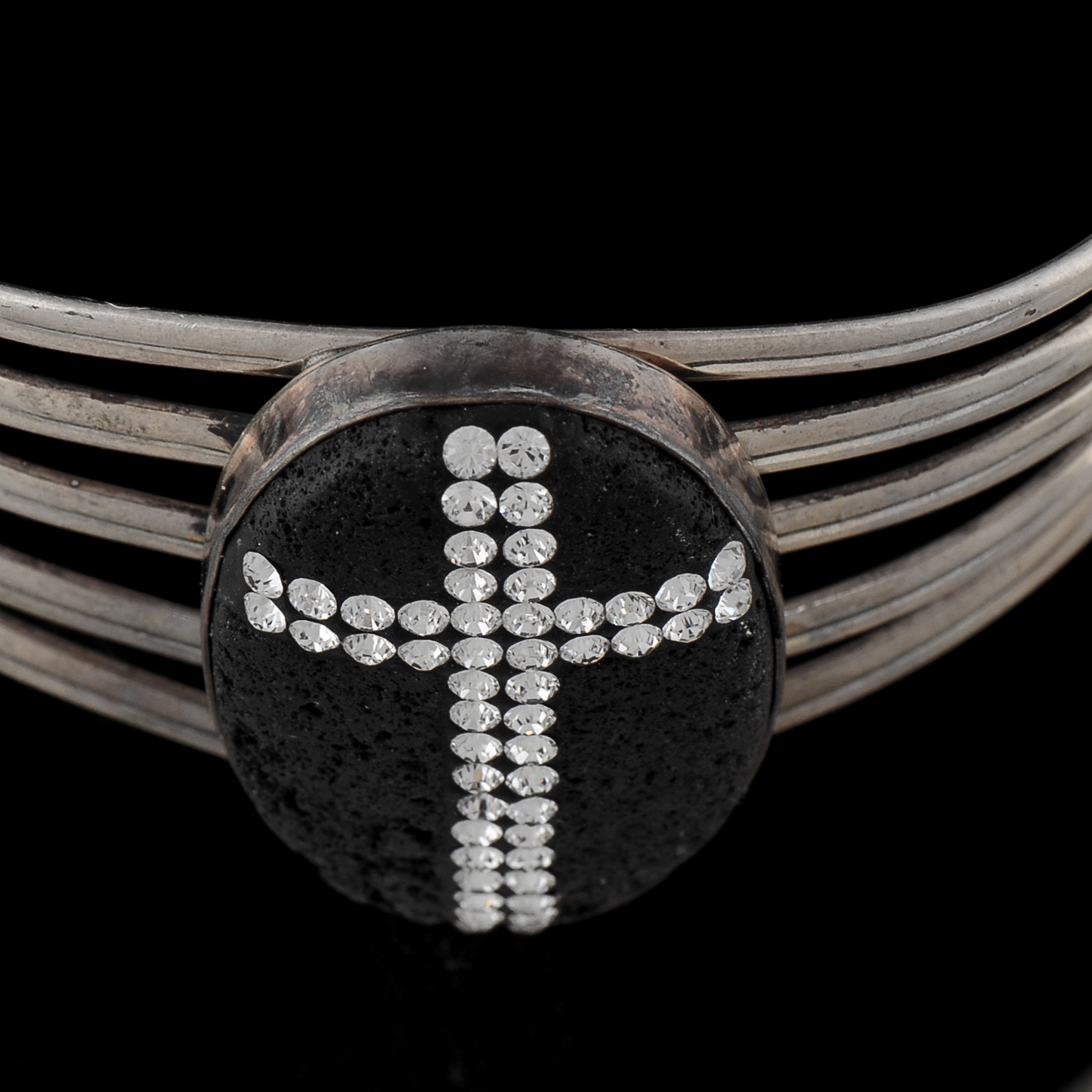 Sterling Silver Openwork Slit Cuff with Oval Bezel Set Lava Stone Encrusted with Crystal Rhinestones