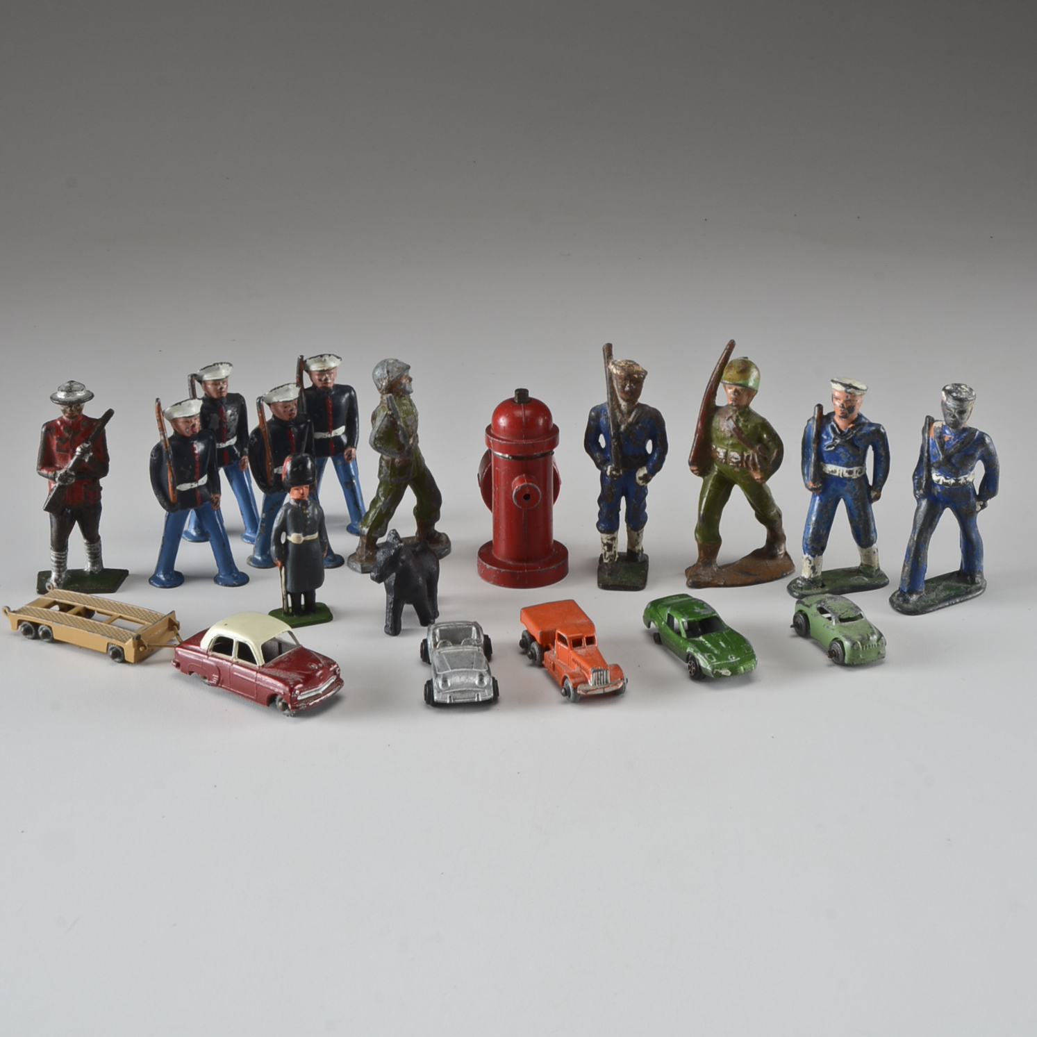 Vintage Cast Metal Toy Soldiers and Die Cast Vehicles