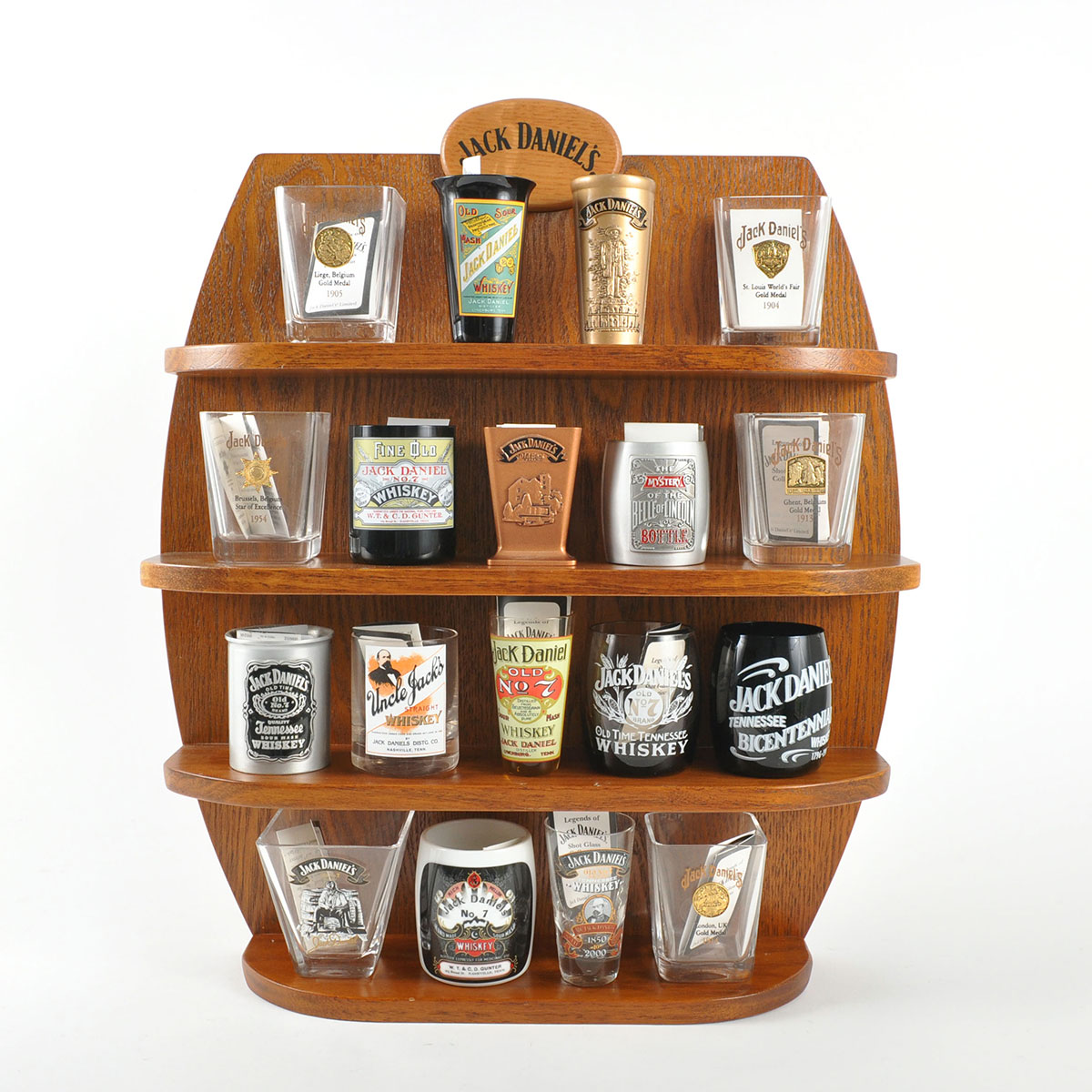 Jack Daniels Oak Wall Display With Replica Jack Shotglasses