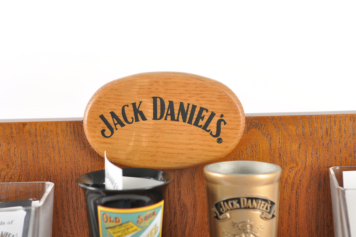 Jack Daniels Oak Wall Display With Replica Jack Shotglasses