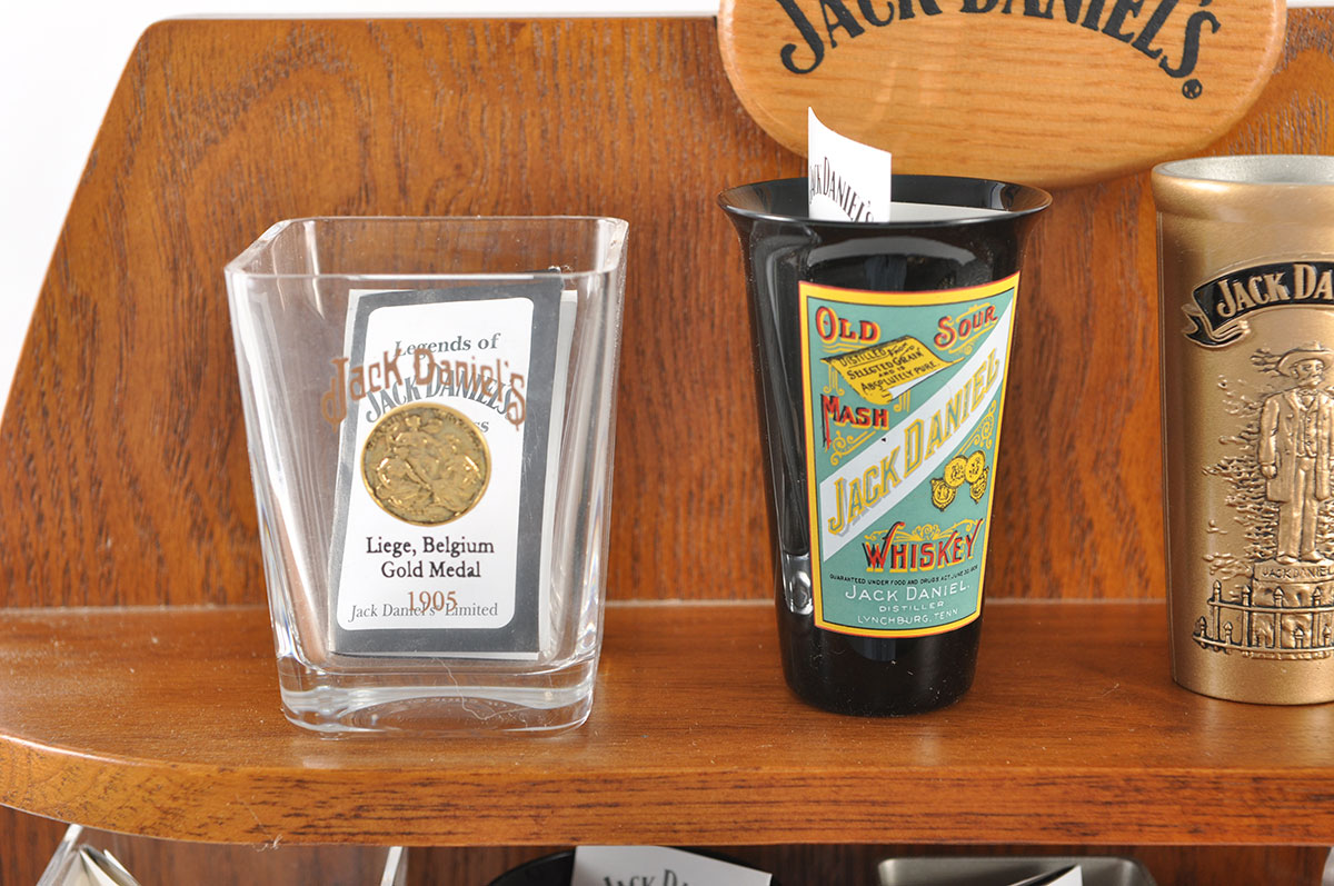 Jack Daniels Oak Wall Display With Replica Jack Shotglasses