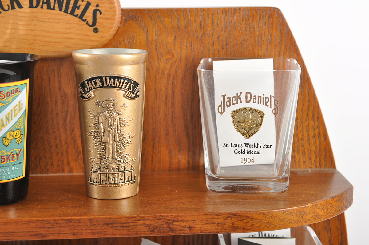 Jack Daniels Oak Wall Display With Replica Jack Shotglasses