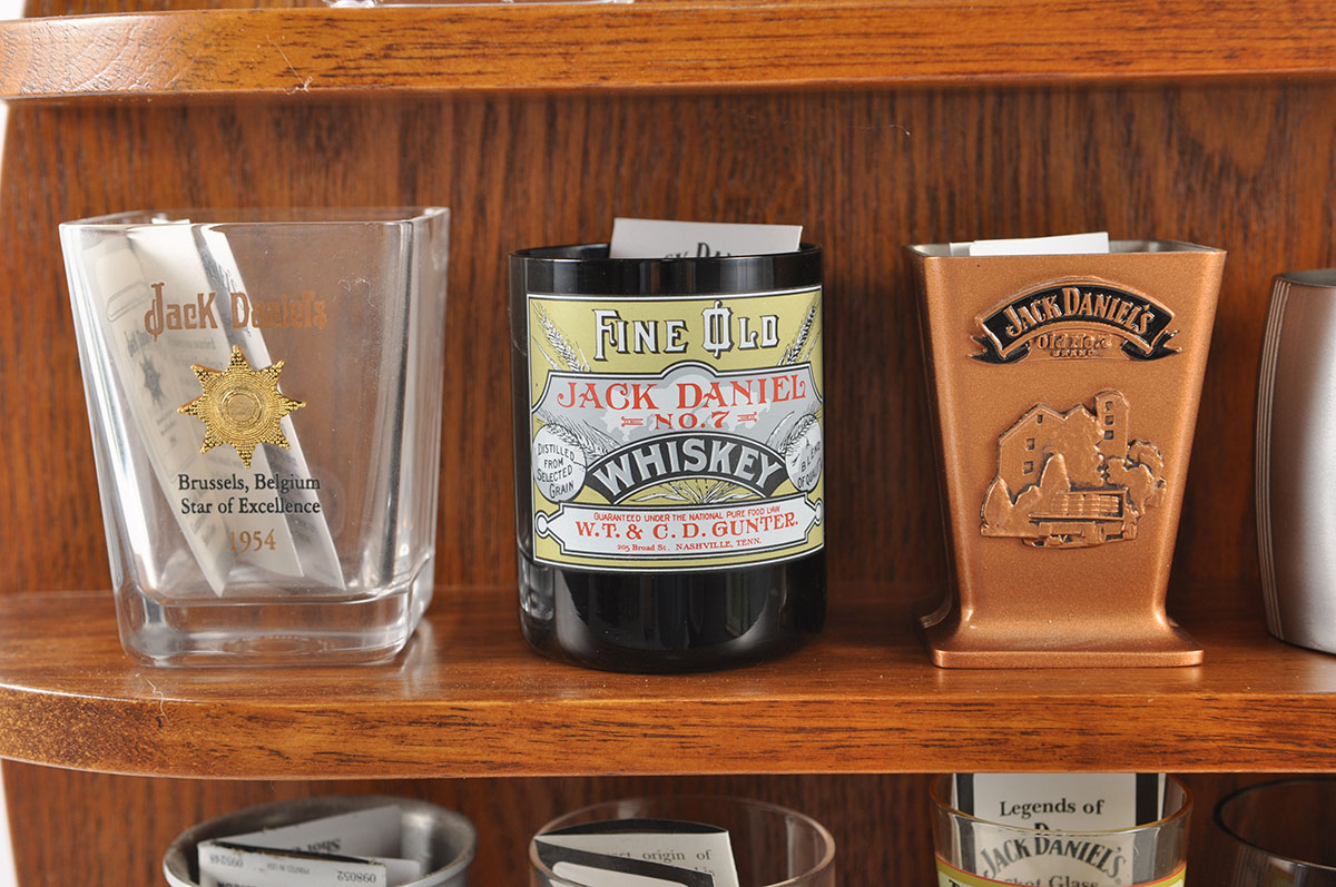 Jack Daniels Oak Wall Display With Replica Jack Shotglasses