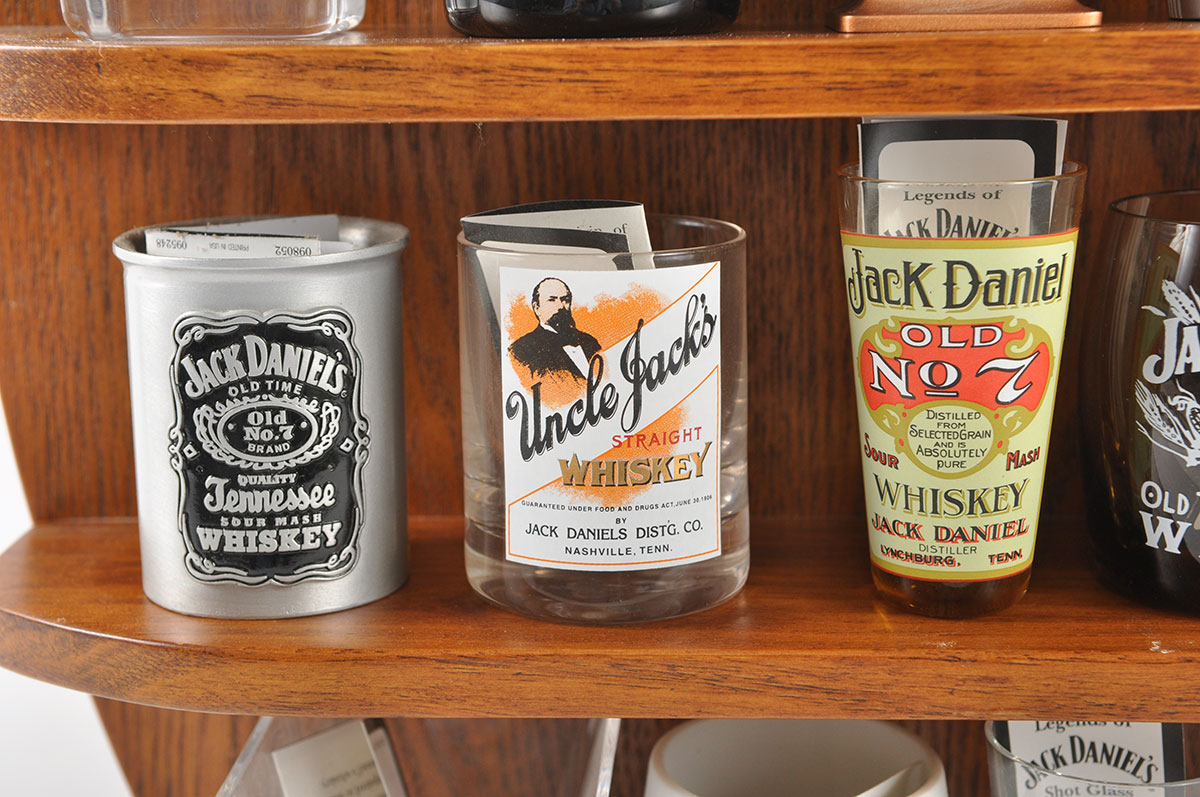 Jack Daniels Oak Wall Display With Replica Jack Shotglasses