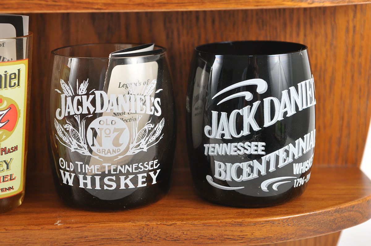 Jack Daniels Oak Wall Display With Replica Jack Shotglasses