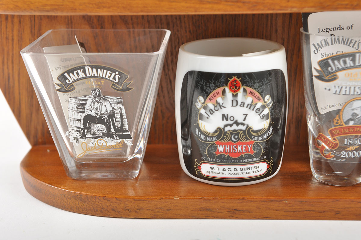 Jack Daniels Oak Wall Display With Replica Jack Shotglasses