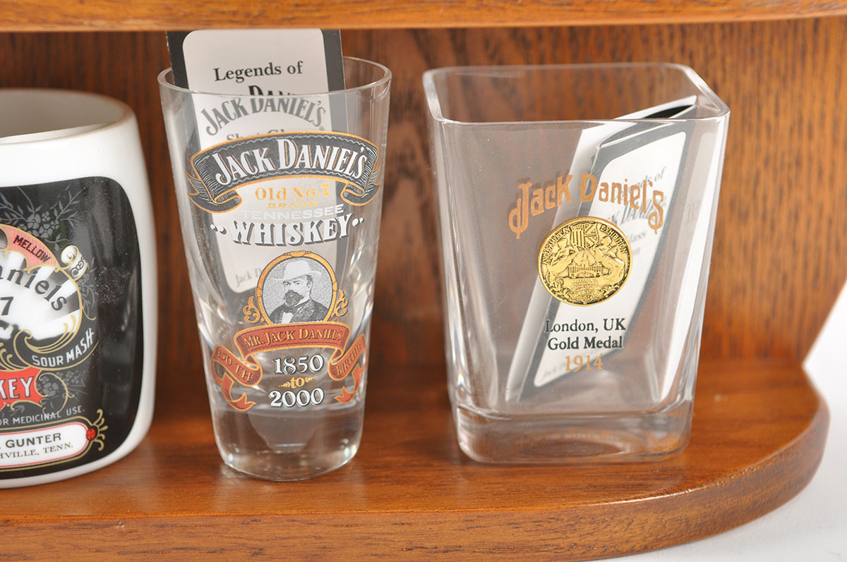 Jack Daniels Oak Wall Display With Replica Jack Shotglasses