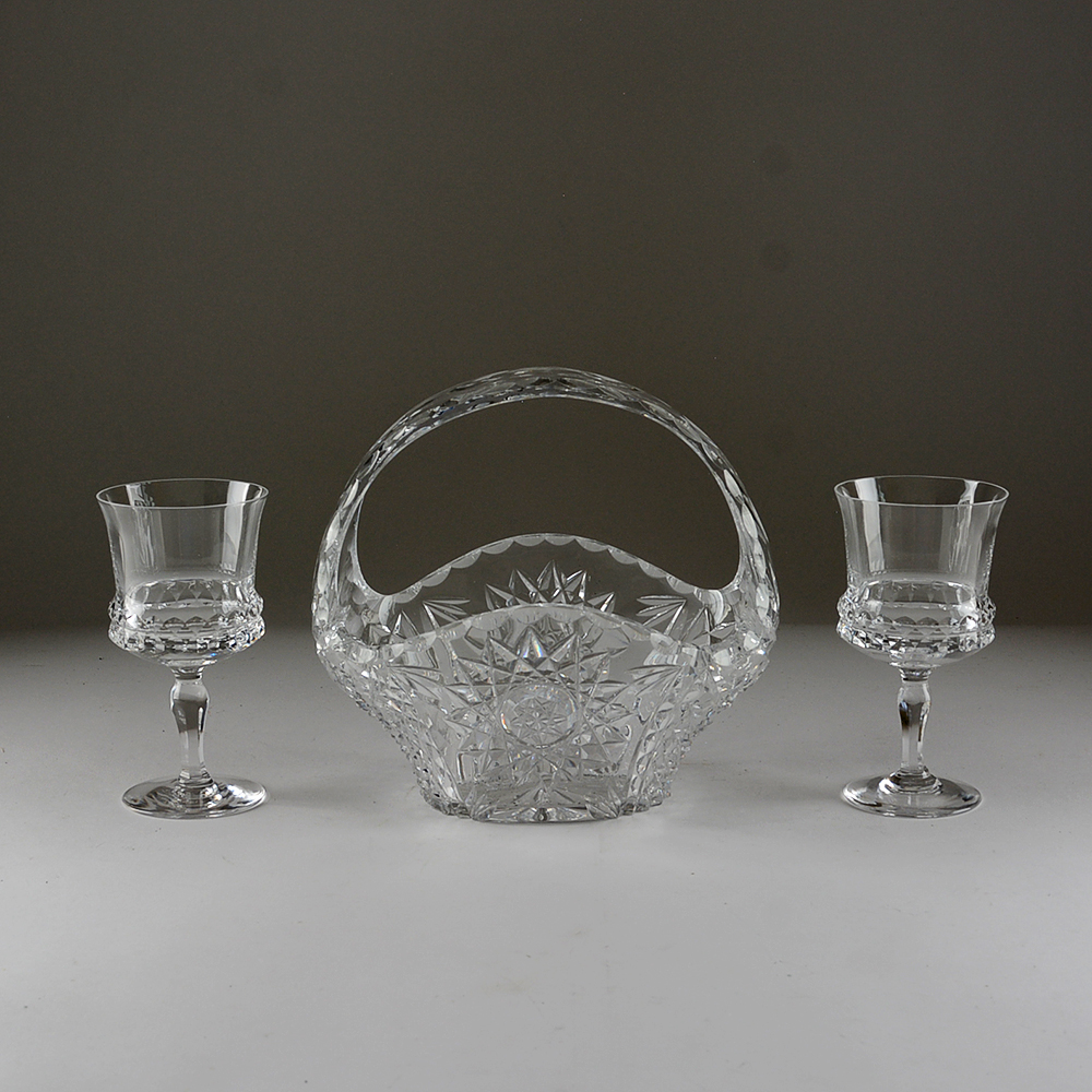 Pair of Crystal Wine Glasses and Depression Glass Basket